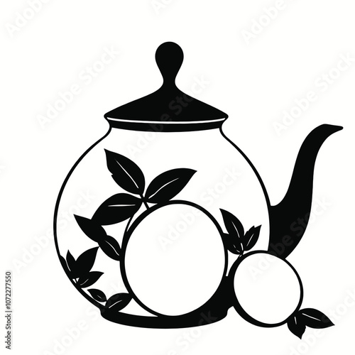 a teapot with a black. The body of the tea pot is decorated with a design of lemon slices and mint leaves