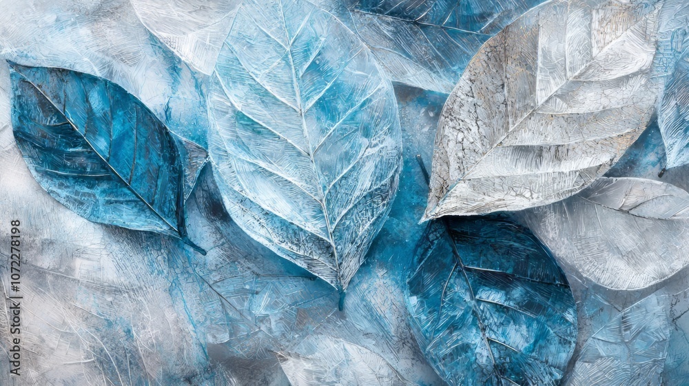 custom made wallpaper toronto digitalClose-up of frosted blue and silver leaves with detailed veins on a cool, icy background, creating a vibrant wintery aesthetic. AI generative.