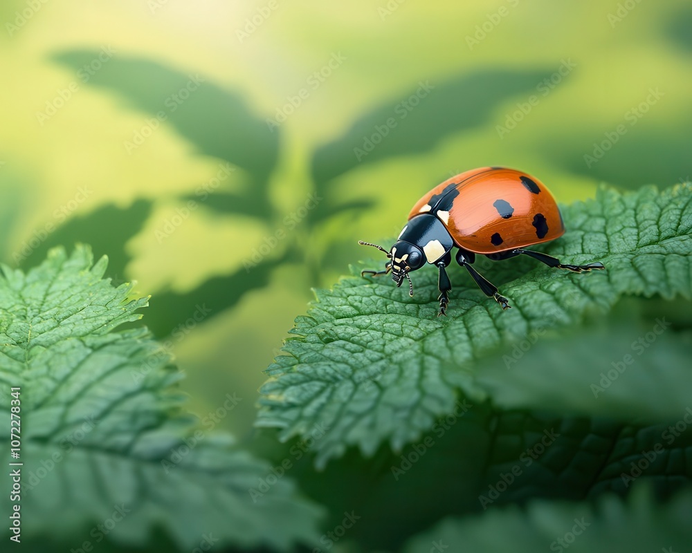 A ladybug walking across a leaf, soft light filtering through trees, tranquil woodland setting A ladybug walking across a leaf, soft light filtering through trees, tranquil woodland setting