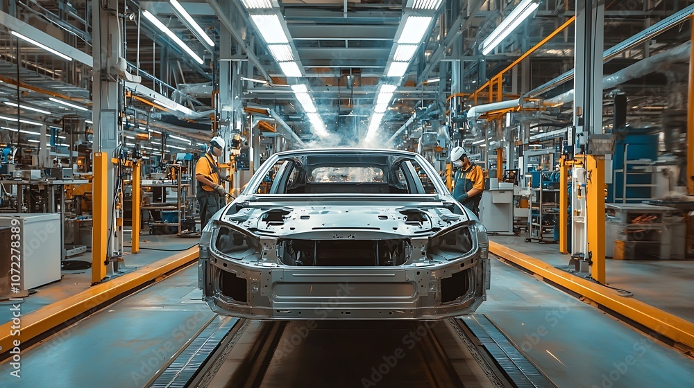 Obraz premium A car assembly line showing workers and a vehicle chassis in a modern factory setting.
