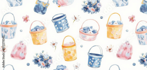 Seamless pattern of buckets and watering cans with flowers in pastel tones photo