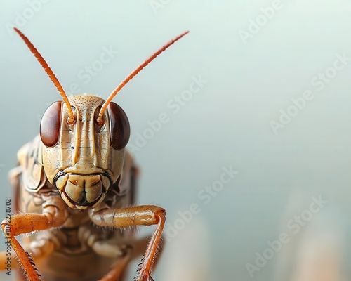 A closeup of a grasshopper s face, showing intricate antennae and textures, blurred meadow backdrop photo