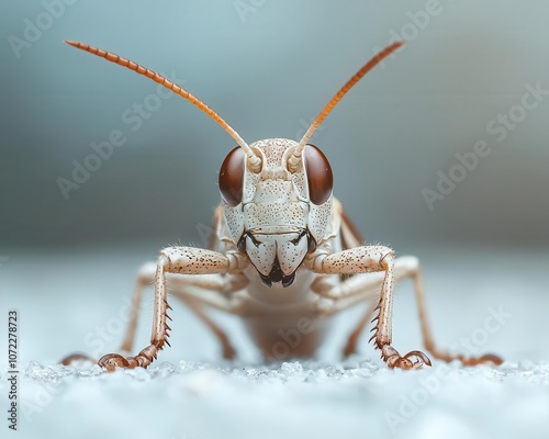 A closeup of a grasshopper s face, showing intricate antennae and textures, blurred meadow backdrop photo