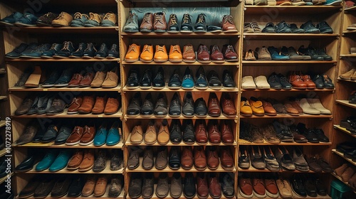 A Well-Organized Shoe Rack Filled with Various Leather Shoes