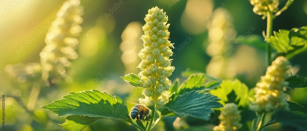 A bee pollinating delicate yellow flowers in a lush green meadow with warm golden sunlight shining through the leaves. A bee pollinating delicate yellow flowers in a lush green meadow with warm golden sunlight shining through the leaves.