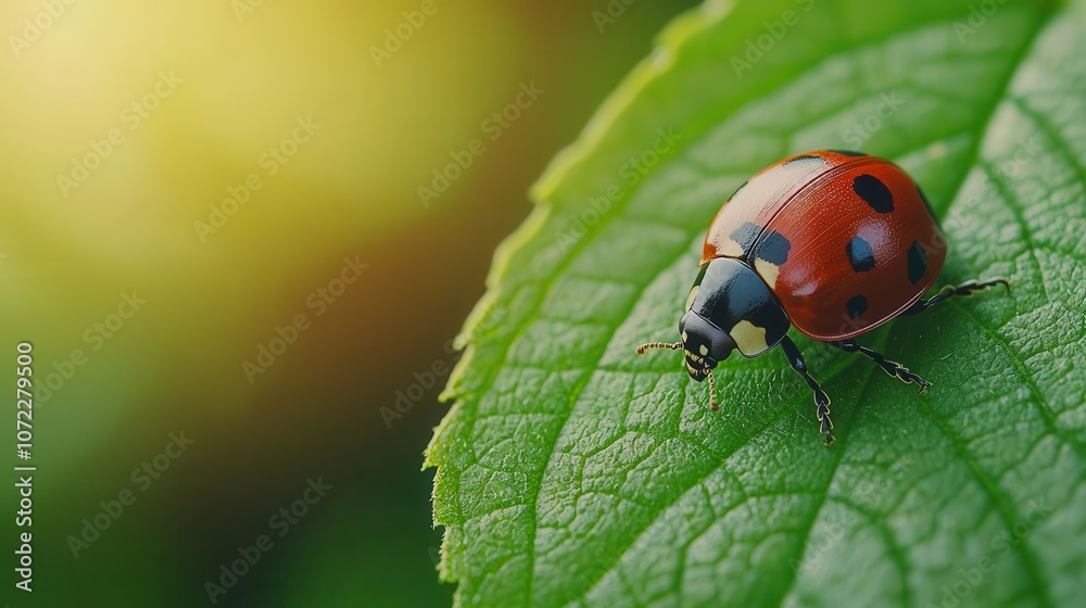 Closeup of a ladybug on a bright green leaf, sunlight illuminating the tiny creature, soft forest background Closeup of a ladybug on a bright green leaf, sunlight illuminating the tiny creature, soft forest background