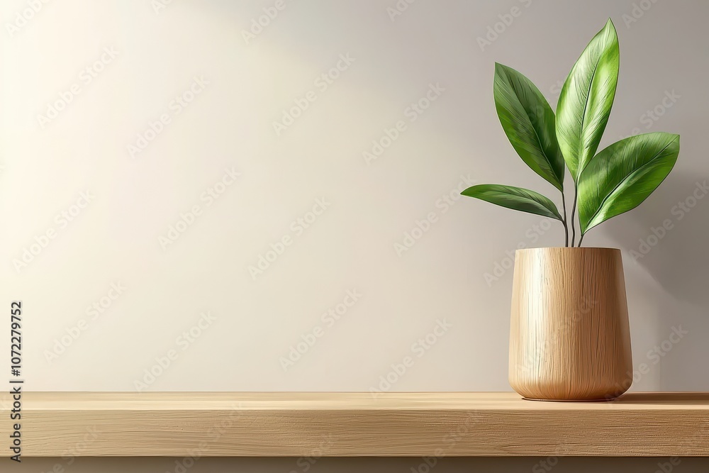 A stylish potted plant rests on a wooden shelf against a plain background, bringing a touch of nature indoors. A stylish potted plant rests on a wooden shelf against a plain background, bringing a touch of nature indoors.
