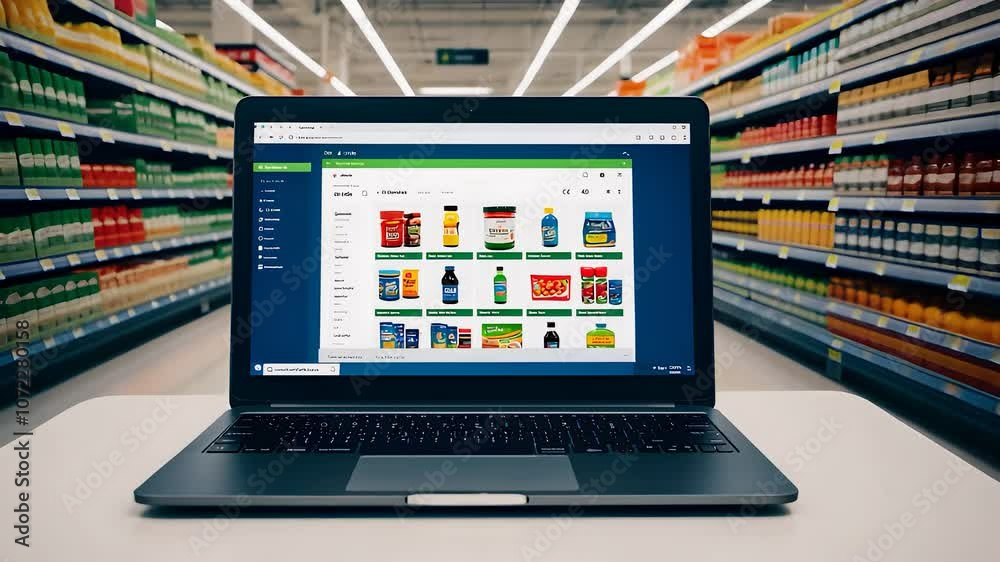 Laptop Displaying Online Shopping in Supermarket Aisle

