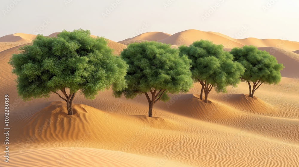 Lush Green Trees Growing in Sandy Desert, Representing Resilience, Nature, and Adaptation in Harsh Environments, Generative AI Lush Green Trees Growing in Sandy Desert, Representing Resilience, Nature, and Adaptation in Harsh Environments, Generative AI