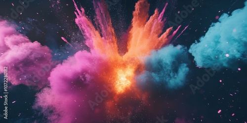 Rear-view shot at f/1.8 capturing brilliant aqua, neon orange, and vivid fuchsia smoke explosion, dark matter backdrop photo