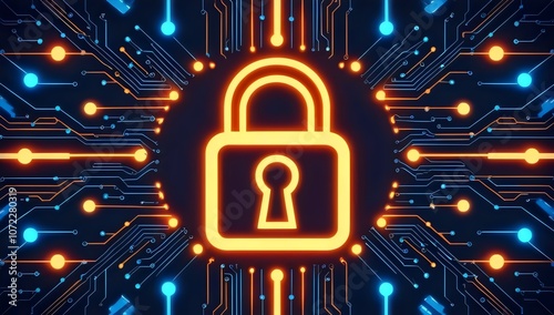 Glowing orange padlock symbol amidst network of interconnected lines and nodes representing cybersecurity photo