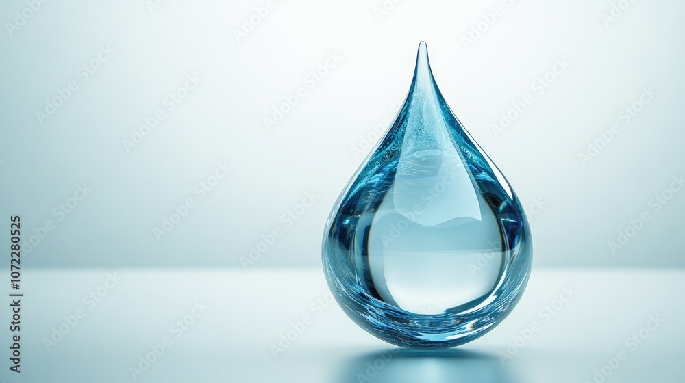 A single, transparent water drop on a light blue surface. A single, transparent water drop on a light blue surface.