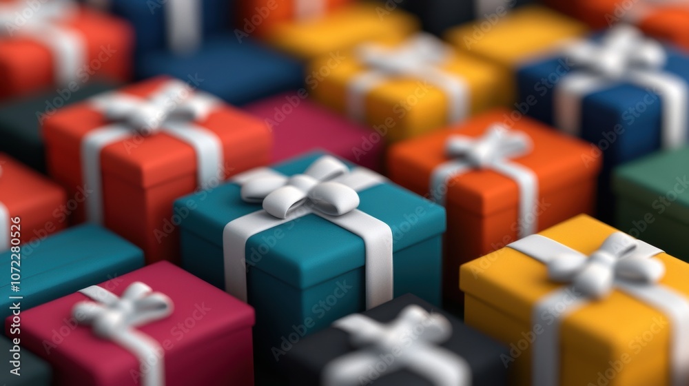 Obraz premium Close-up view of colorful gift boxes wrapped with white ribbons, perfect for festive occasions and holiday celebrations.