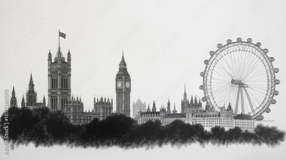Obraz premium Monochrome View of London Eye and Big Ben by the Thames, Capturing London’s Iconic Landmarks and Timeless Beauty, Generative AI