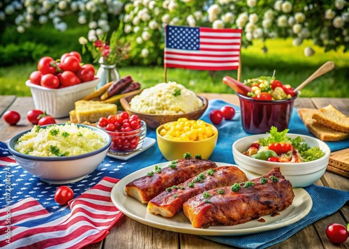 Memorial Day Feast with American Flag Background: Celebrate with Delicious BBQ, Fresh Salads, and Colorful Desserts for Family Gatherings and Outdoor Picnics