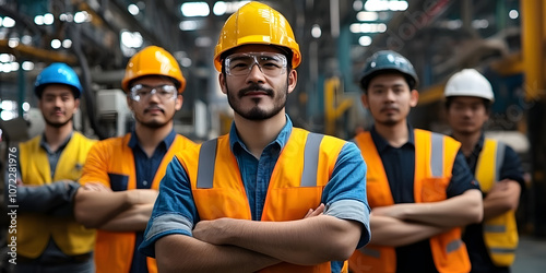 A Group of Skilled Technicians Wearing Protective Gear and Posing Next to Complex Factory Equipment, Demonstrating Their Expertise in Handling Industrial Machinery with a Strong Focus on Safety Protoc photo