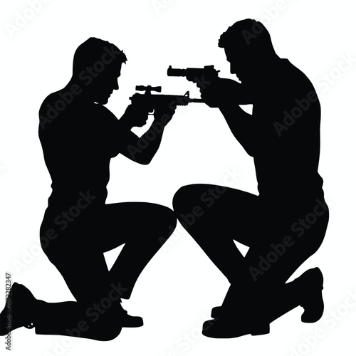 A vector silhouette of a man kneeling and aiming a gun, facing another man who is also aiming back in a tense standoff