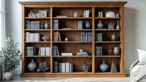 Wooden bookshelf displaying books and decorative items.