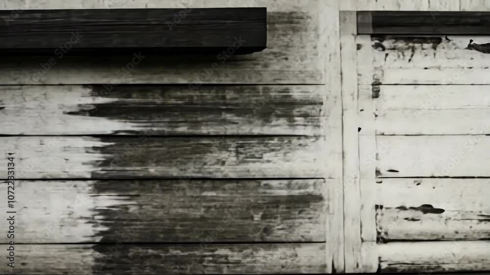 A weathered wooden wall with a dark stain running down the side, located in a rural area A weathered wooden wall with a dark stain running down the side, located in a rural area