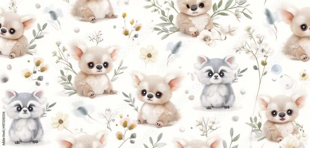 Obraz premium Seamless pattern of baby foxes surrounded by flowers in a cute style