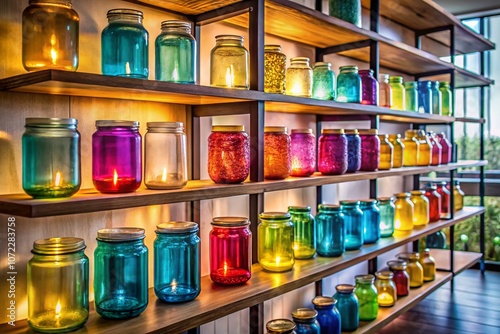 Minimalist Modern Shelves with Colorful Glass Jars: A Vibrant Display of Contemporary Design and Artistic Flair in a Well-Lit Environment, Perfect for Interior Inspiration and Home Decor Ideas