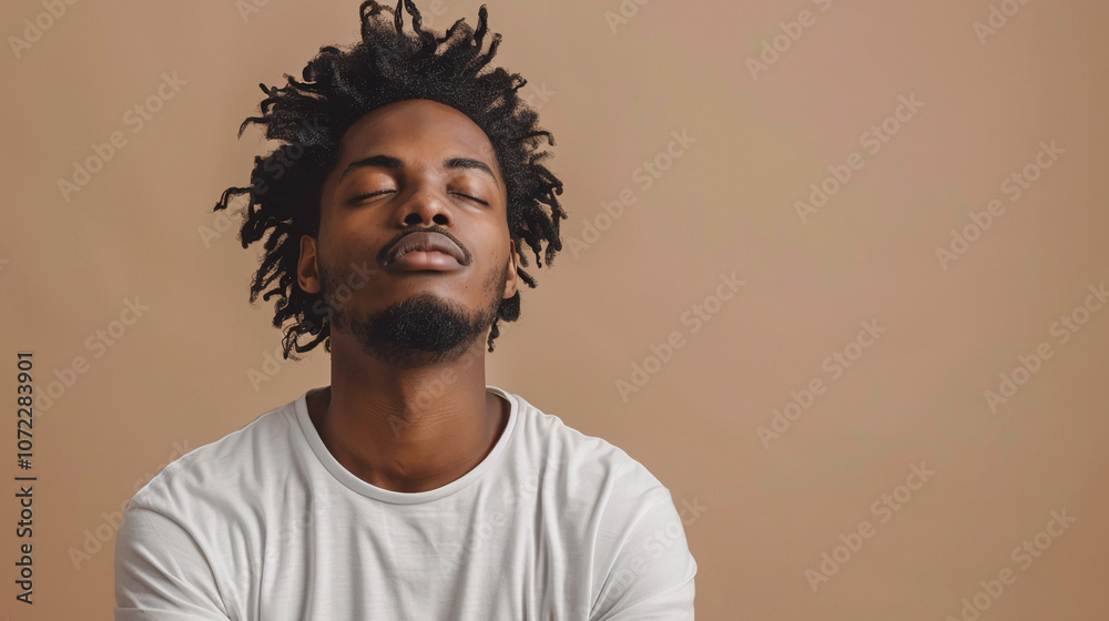 Obraz premium A young man with dreadlocks stands in front of a light brown background with his eyes closed