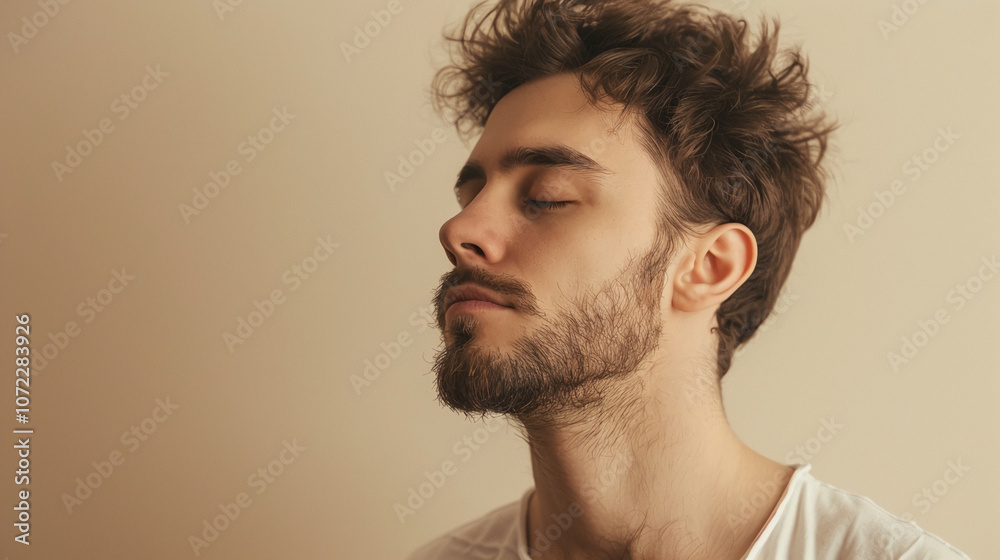 A young man with a beard closes his eyes while meditating against a pale background A young man with a beard closes his eyes while meditating against a pale background
