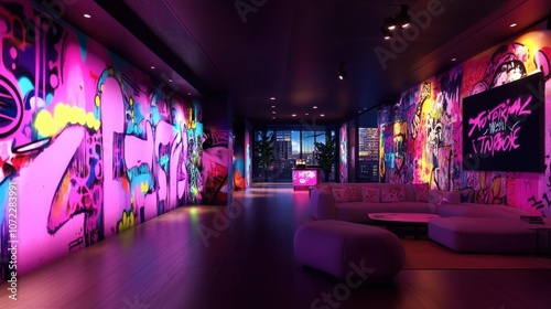 Vibrant and modern party room with graffiti-covered walls, a large screen, and a comfortable seating area with colorful furniture