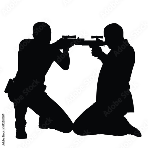 A vector silhouette of a man kneeling and aiming a gun, facing another man who is also aiming back in a tense standoff