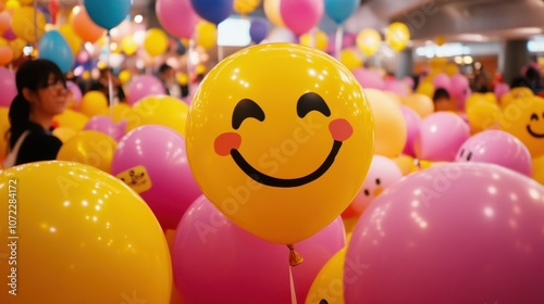 A cheerful yellow smiley face balloon takes center stage among a sea of pink and yellow balloons at what appears to be an indoor celebration or event photo