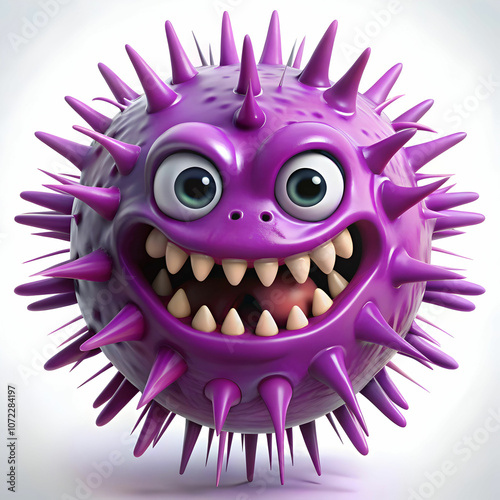 A cartoon-style purple spiky germ with sharp teeth, looking