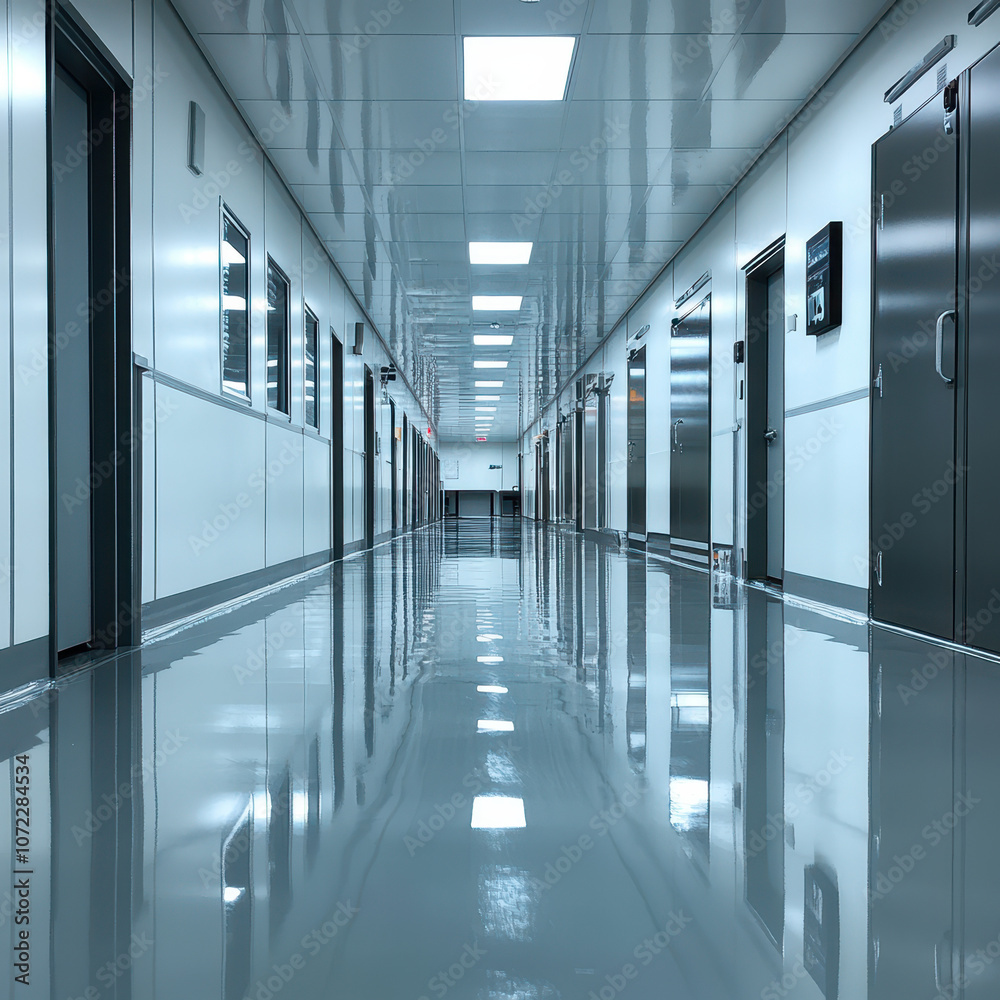Empty Hospital Hallway with Reflections Empty Hospital Hallway with Reflections