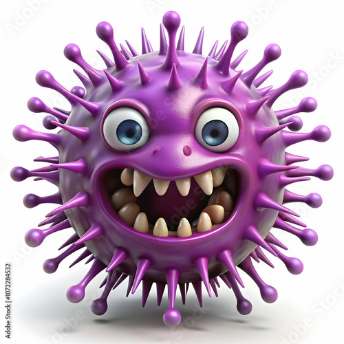 A cartoon-style purple spiky germ with sharp teeth, looking