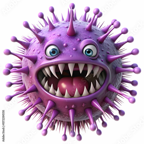 A cartoon-style purple spiky germ with sharp teeth, looking