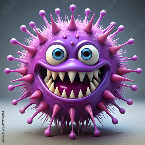 A cartoon-style purple spiky germ with sharp teeth, looking