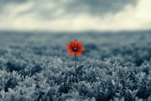 Red flower is in the middle of a field of green grass. The flower is the only thing visible in the image