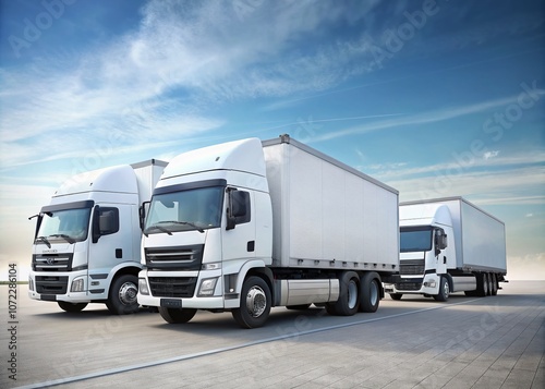 Minimalist View of Three Modern White European-Style Cargo Trucks Parked Side by Side, Rear View from Left Corner, Isolated on Clean Background for Commercial and Editorial Use