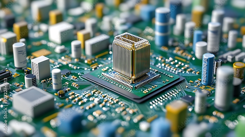 Obraz premium A close-up view of a computer circuit board featuring a central processing unit and various electronic components.