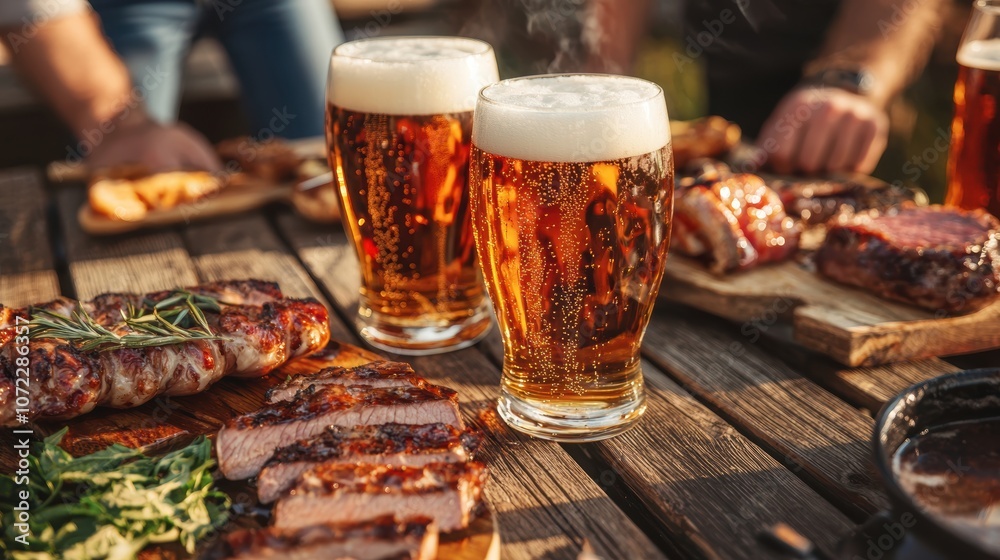 Frosty glass of craft beer placed on a wooden picnic table, surrounded by friends enjoying a backyard barbecue
