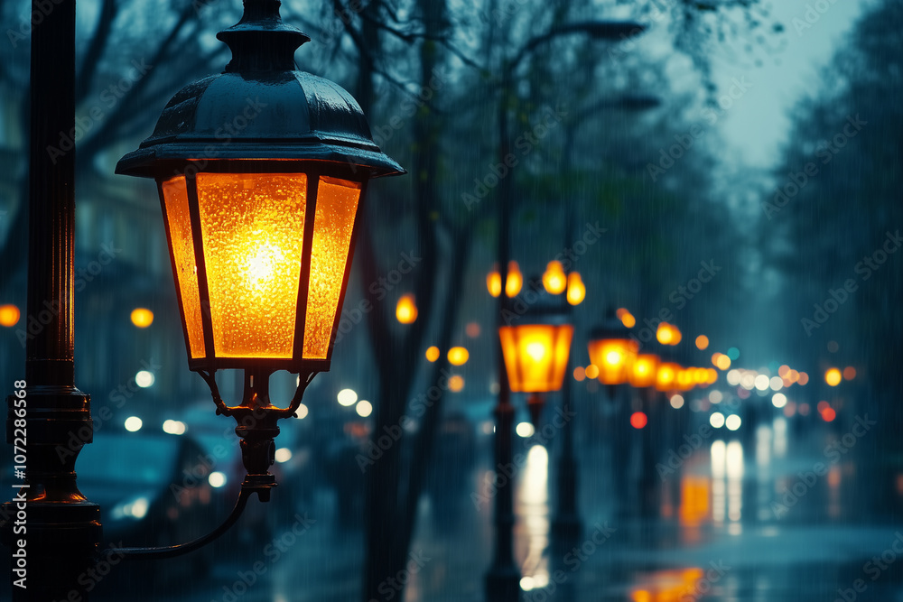 Street lamp is lit up in the rain. There are several other street lamps lit up in the background Street lamp is lit up in the rain. There are several other street lamps lit up in the background