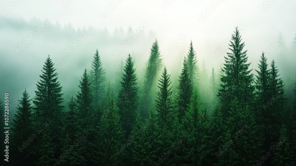 Serene Misty Forest Landscape with Evergreen Trees in Soft Light Creating a Tranquil Atmospheric Setting for Nature Lovers and Outdoor Enthusiasts Serene Misty Forest Landscape with Evergreen Trees in Soft Light Creating a Tranquil Atmospheric Setting for Nature Lovers and Outdoor Enthusiasts