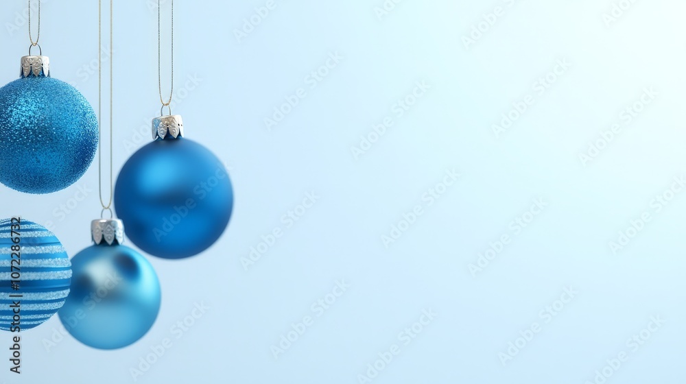 Fototapeta premium Shiny Baubles Hanging from Strings on White Background