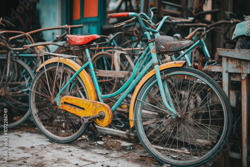 Yellow and blue bicycle is parked next to a group of other bicycles