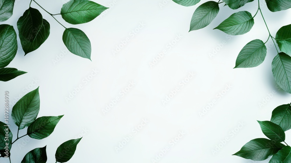 Naklejka premium Fresh Green Leaves on a Light Background Creating a Tranquil and Natural Border for Various Design Projects and Nature-Themed Concepts