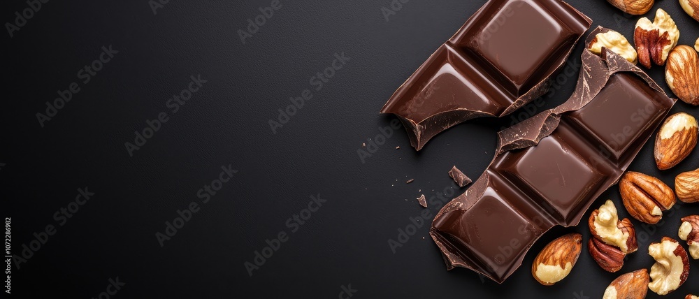 Fototapeta premium A delicious arrangement of dark chocolate pieces alongside assorted nuts, set against a sleek black background.
