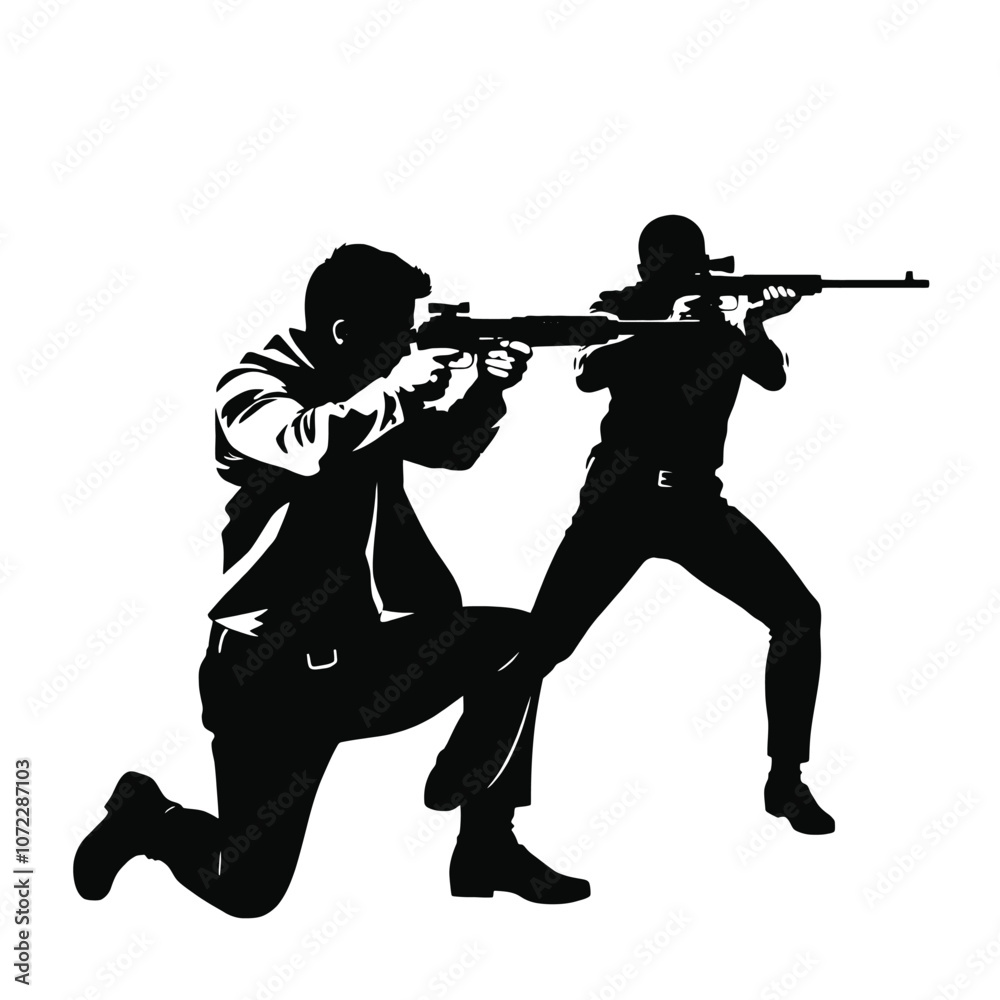 Obraz premium A vector silhouette of a man kneeling and aiming a gun, facing another man who is also aiming back in a tense standoff