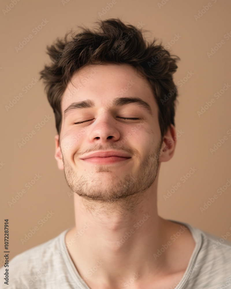 Obraz premium A young man with brown hair smiles with his eyes closed