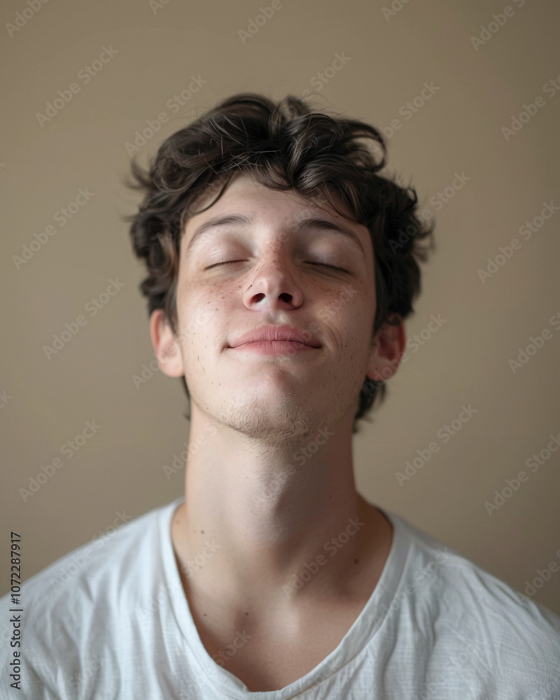 A young man with brown hair smiles with his eyes closed in a close-up portrait A young man with brown hair smiles with his eyes closed in a close-up portrait