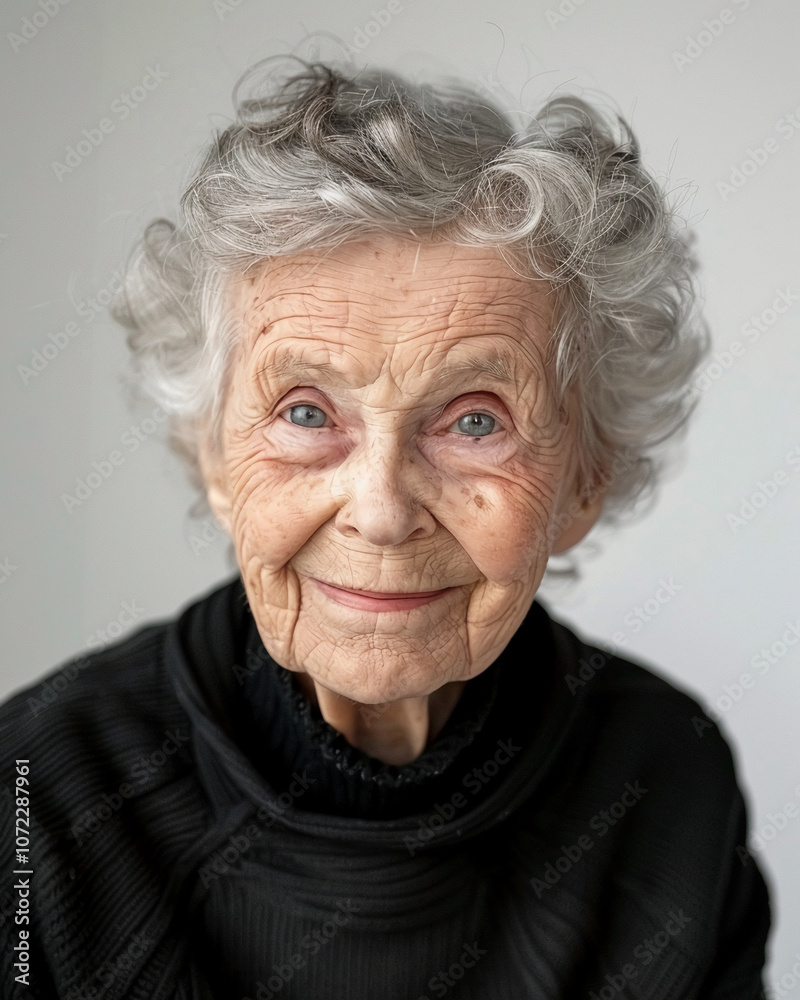 A senior woman with gray curly hair smiles for the camera A senior woman with gray curly hair smiles for the camera