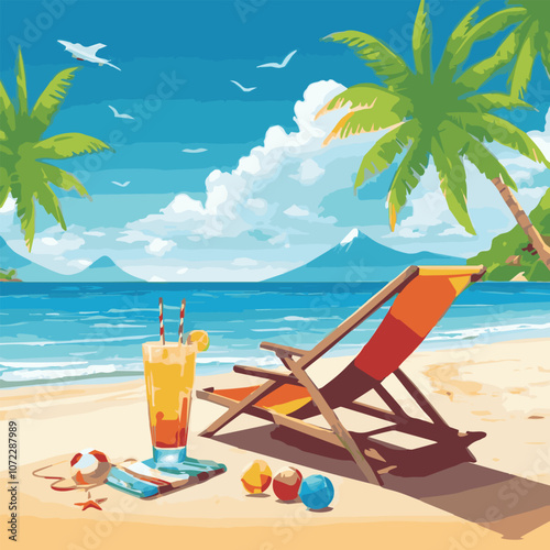 Summer vacation loungers on sea beach landscape beautiful seascape banner seaside holiday vector illustration. Summer vacation on a sandy beach. Happy hot vacation. Vector illustration.	